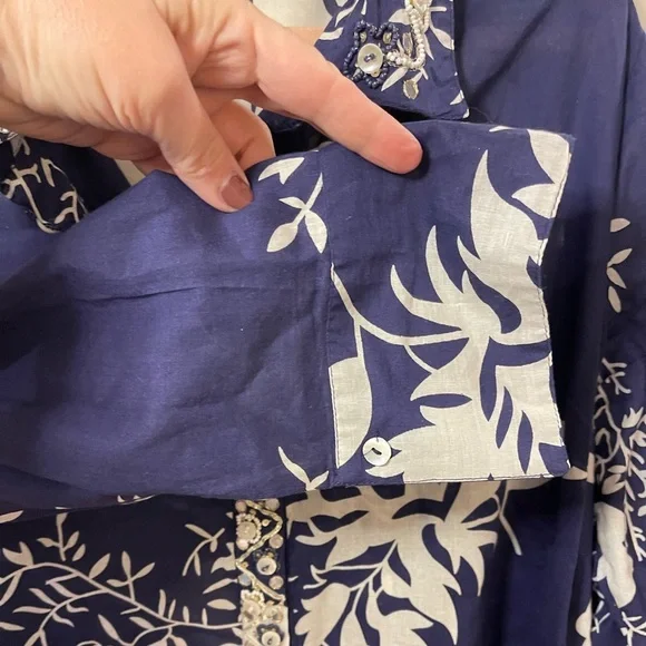 Soft Surroundings beaded tunic cotton blue white leaf print embellished 1X - Picture 12 of 12
